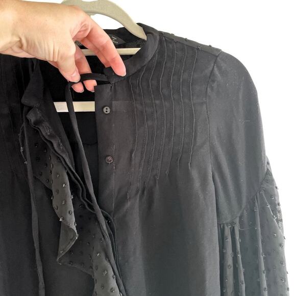 ZARA Ruffle Swiss Dot Sheer Balloon Sleeve Blouse Black Size Small 0632C - Picture 2 of 9